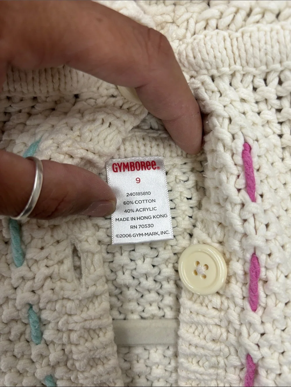 Gymboree Cream Hooded Knit Cardigan with Pink, Green, and Blue Stitching